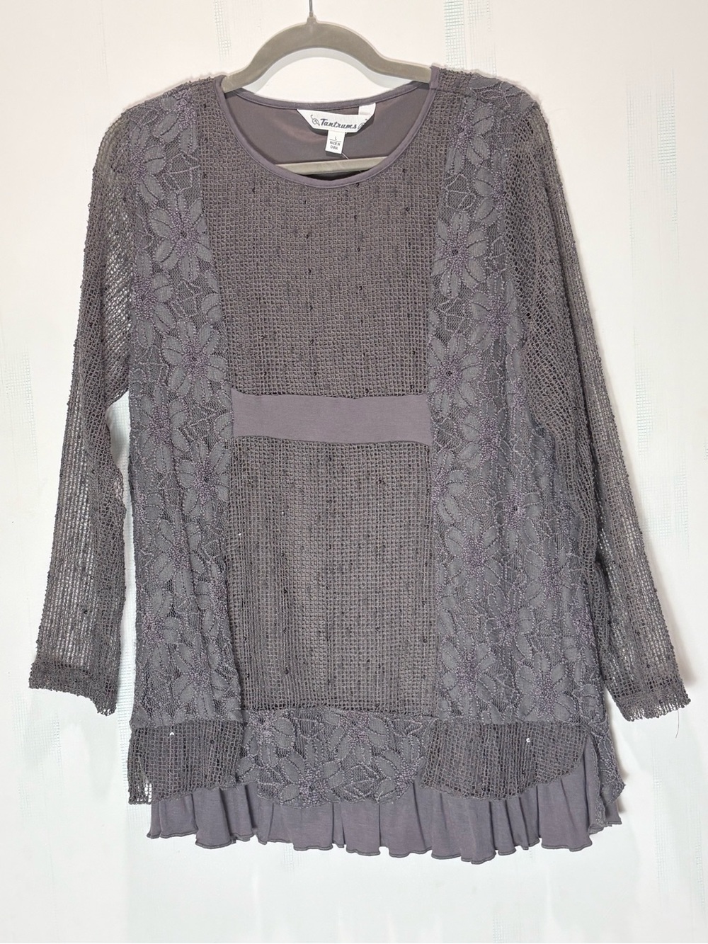 Tantrums Gray Mixed Media Art To Wear Lace Panels Ruffle Tunic Fairy Grunge NWOT